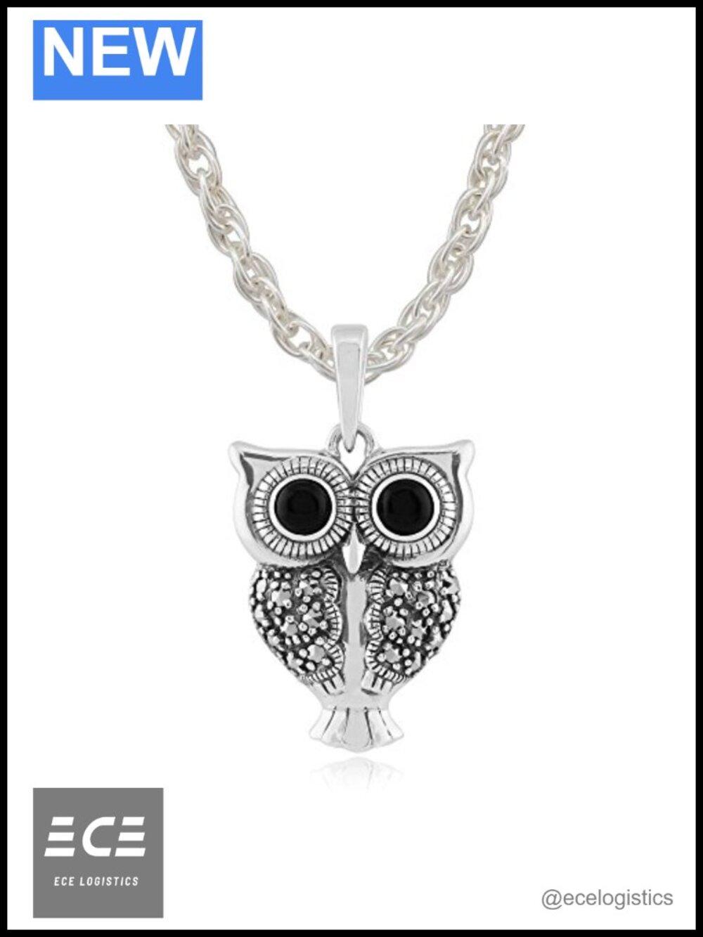 Sterling Silver Owl Pendant Necklace with Black Onyx and Marcasite, 45cm Cable